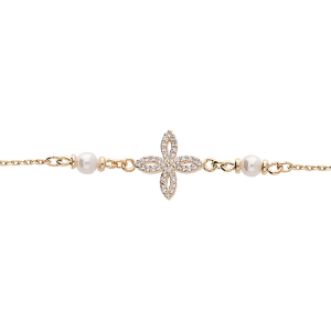 BRACELET PLAQUÉ OR FLEUR OXYDES BLANCS SERTIS ET 2 PERLES BLANCHES IMITATION 19+3CM
