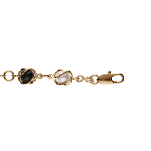 BRACELET PLAQUÉ OR BOULES NOIRES ET BLANCHES SYNTHÉTIQUES 16+3CM