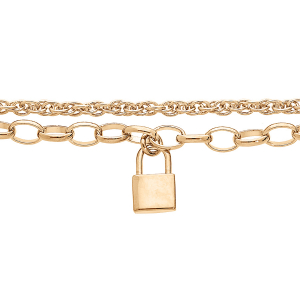 BRACELET PLAQUÉ OR DOUBLE CHAINE PAMPILLE CADENAS LISSE 17+3CM