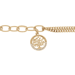 BRACELET PLAQUÉ OR DOUBLE CHAINE PAMPILLE ARBRE DE VIE OXYDES BLANCS SERTS 17+3CM