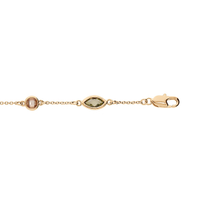 BRACELET PLAQUÉ OR PAMPILLES NAVETTES OXYDES VERTS ET RONDS ORANGÉ 16+3CM