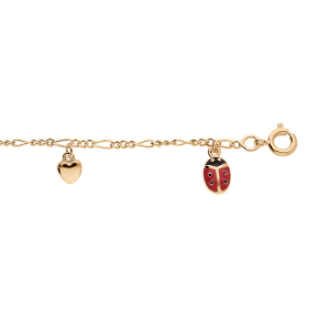 BRACELET PLAQUÉ OR PAMPILLES COCCINELLES ROUGES ET COEURS 14+2CM