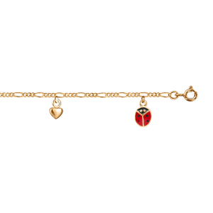 BRACELET PLAQUÉ OR PAMPILLES COCCINELLES ROUGES ET COEURS 14+2CM