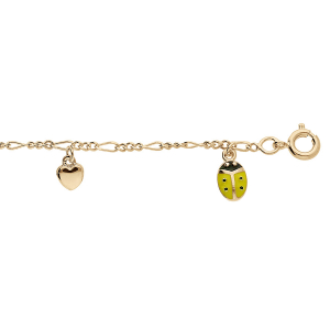 BRACELET PLAQUÉ OR PAMPILLES COCCINELLES JAUNE ET POINT NOIR AVEC COEURS 14+2CM
