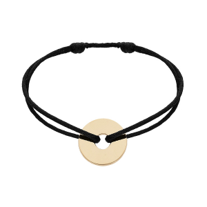 BRACELET CORDON NOIR COULISSANT MOTIF ROND PERCE A GRAVER PLAQUÉ OR