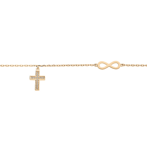 BRACELET PLAQUÉ OR INFINI ET PAMPILLES CROIX OXYDES BLANCS SERTIS 16+3CM