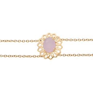 BRACELET PLAQUÉ OR DOUBLE CHAINE MOTIF FLEUR PIERRE SYNTHETIQUE ROSE 16+3CM