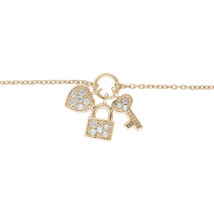 BRACELET PLAQUÉ OR BRELOQUES CADENAS COEUR CLEFS OXYDES BLANCS 16+2CM