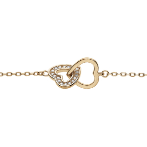 BRACELET PLAQUÉ OR 2 COEURS ENTRELACÉS 1 LISSE ET 1 AVEC OXYDES BLANCS SERTIS 16+3CM