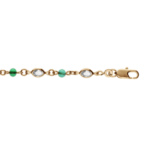 BRACELET PLAQUÉ OR TUTTI FRUTTI NAVETTE TRANSPARENTE ET PERLE SYNTHETIQUE VERTE  16+3CM