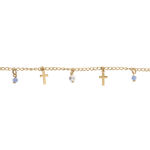BRACELET PLAQUÉ OR PAMPILLES CROIX ET PERLES SYNTHETIQUE BLANCHE ET BLEU  16+3CM