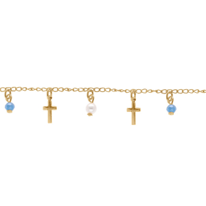 BRACELET PLAQUÉ OR PAMPILLES CROIX ET PERLES SYNTHETIQUE BLANCHE ET BLEU  16+3CM