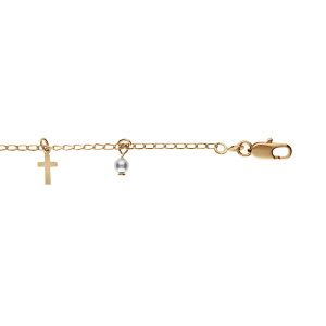 BRACELET PLAQUÉ OR PAMPILLES CROIX ET PERLES SYNTHETIQUE BLANCHE ET TRANSPARENTE  16+3CM