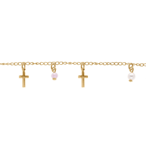 BRACELET PLAQUÉ OR PAMPILLES CROIX ET PERLES SYNTHETIQUE BLANCHE ET TRANSPARENTE  16+3CM