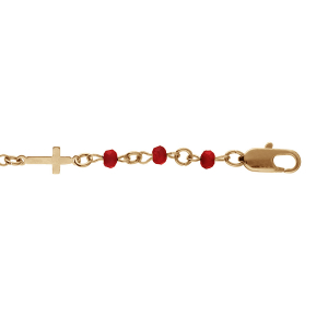 BRACELET PLAQUÉ OR CROIX ET PERLES SYNTHETIQUE ROUGES   16+3CM
