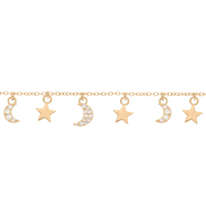 BRACELET PLAQUÉ OR PAMPILLES LUNE ETOILE ET OXYDES BLANCS SERTIS 16,5+3CM