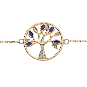 BRACELET PLAQUÉ OR ARBRE DE VIE OXYDES BLEUS ET BLANCS SERTIS 16+3CM