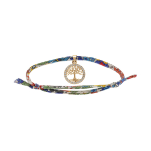 BRACELET LIBERTY TISSU FLEURI 1 PAMPILLE ARBRE DE VIE OXYDES BLANCS SERTIS PLAQUÉ OR RÉGLABLE