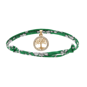 BRACELET LIBERTY TISSU FLEURI VERT 1 PAMPILLE ARBRE DE VIE OXYDES BLANCS SERTIS PLAQUÉ OR RÉGLABLE