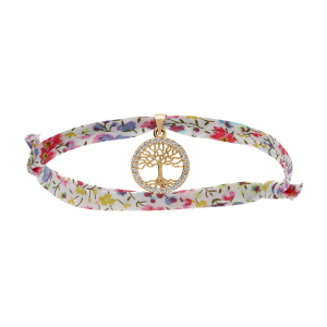 BRACELET LIBERTY TISSU FLEURI ROSE 1 PAMPILLE ARBRE DE VIE OXYDES BLANCS SERTIS PLAQUÉ OR RÉGLABLE