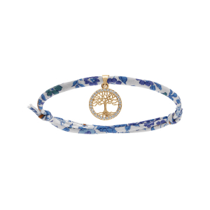 BRACELET LIBERTY TISSU FLEURI BLEU 1 PAMPILLE ARBRE DE VIE OXYDES BLANCS SERTIS PLAQUÉ OR RÉGLABLE