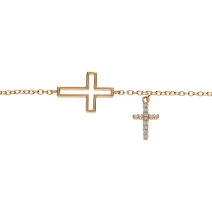 BRACELET PLAQUÉ OR DOUBLE CROIX LISSE  AVEC PAVAGE OXYDES BLANCS 16+2CM