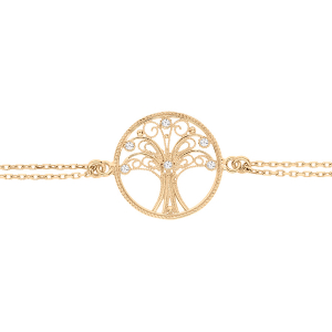 BRACELET PLAQUÉ OR  ARBRE DE VIE FILIGRANE ET OXYDES BLANCS SERTIS 16+3CM