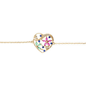 BRACELET PLAQUÉ OR COEUR AVEC FLEURS OXYDES MULTI COULEURS 16+3CM