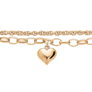 BRACELET PLAQUÉ OR DOUBLE CHAINE PAMPILLE COEUR BOMBÉ LISSE 17+3CM