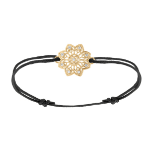 BRACELET PLAQUÉ OR CORDON NOIR FLEUR FILIGRANE OXYDES BLANCS SERTIS
