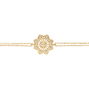 BRACELET PLAQUÉ OR DOUBLE RANG  FLEUR FILIGRANE OXYDES BLANCS SERTIS 15+4CM