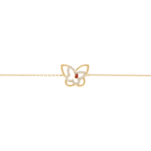 BRACELET PLAQUÉ OR PAPILLON OXYDE ROUGE ET OXYDES BLANCS 16+3CM