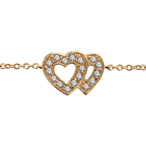 BRACELET PLAQUÉ OR DOUBLE COEUR AJOURE CONTOUR PIERRES BLANCHES SYNTHETIQUE 16+2CM
