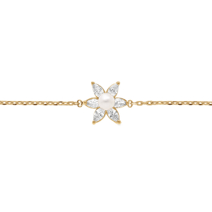 BRACELET PLAQUÉ OR FLEUR OXYDES BLANCS ET PERLE D'EAU DOUCE  15.5+2.5CM