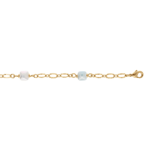 BRACELET PLAQUÉ OR 3 PIERRES CARRÉS BLEU BLANC VERT  16+3CM
