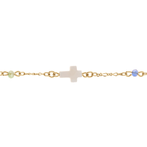 BRACELET PLAQUÉ OR BOULES FACETÉES MULTI COULEUR ET LISSE AVEC CROIX BLANCHE   16+3CM