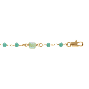 BRACELET PLAQUÉ OR BOULES ET CARRÉ VERT  16+3CM