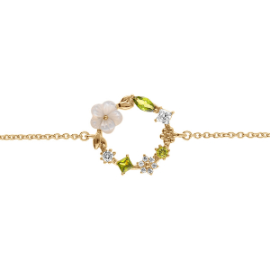 BRACELET PLAQUÉ OR JARDIN FLEURI OXYDES BLANCS ET VERT OLIVE ET FLEUR NACRE BLANCHE 16+2CM