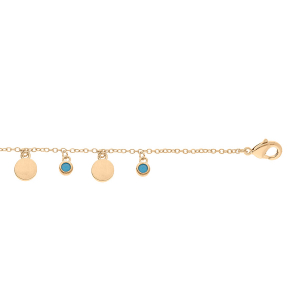 BRACELET PLAQUÉ OR PAMPILLES RONDELLES ET OXYDES SERTIS COULEUR TURQUOISE IMITATION 17+3CM