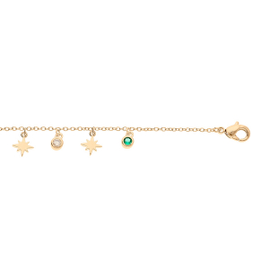 BRACELET PLAQUÉ OR PAMPILLES ETOILES ET OXYDES VERTS BLEUS ET BLANCS SERTIS 17+2,5CM