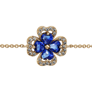 BRACELET PLAQUÉ OR TREFLE PIERRES SYNTHETIQUE BLEUES ENTOURAGE OXYDES BLANCS SERTIS 16+2CM