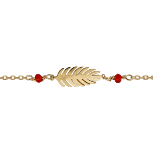 BRACELET PLAQUÉ OR FEUILLE 2 BOULES ROUGE 16+2CM