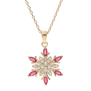COLLIER PLAQUÉ OR PENDENTIF FLOCON DE NEIGE OXYDES BLANCS ET ROUGES 42+3CM