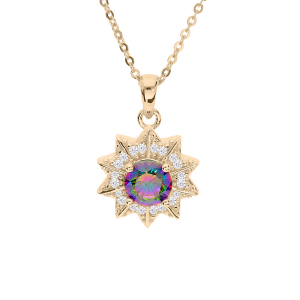 COLLIER APLAQUÉ OR PENDENTIF OXYDE ARC EN CIEL MYSTIQUE CONTOUR OXYDES BLANCS SERTIS 42+3CM