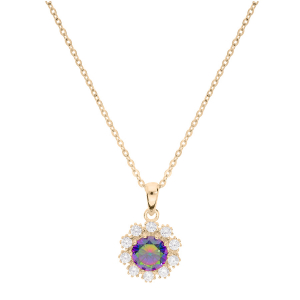 COLLIER PLAQUÉ OR PENDENTIF OXYDE ARC EN CIEL MYSTIQUE CONTOUR OXYDES BLANCS SERTIS 42+3CM
