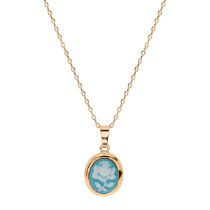 COLLIER PLAQUÉ OR PENDENTIF CAMÉE MOTIF FLEUR RÉSINE BLEUE 40+5CM