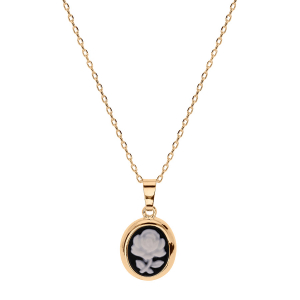 COLLIER PLAQUÉ OR PENDENTIF CAMÉE MOTIF FLEUR RÉSINE NOIRE 40+5CM