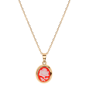 COLLIER PLAQUÉ OR PENDENTIF CAMÉE MOTIF FLEUR RÉSINE ROSE 40+5CM