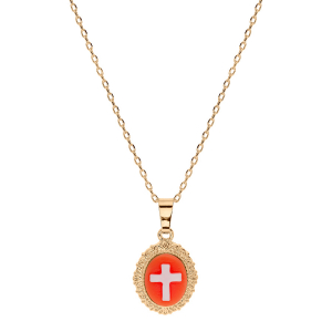 COLLIER PLAQUÉ OR PENDENTIF STYLE CAMÉE MOTIF CROIX RÉSINE ROSE 40+5CM