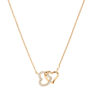 COLLIER PLAQUÉ OR DOUBLE COEUR ENTRELACÉ OXYDES BLANCS SERTIS 42+3CM
